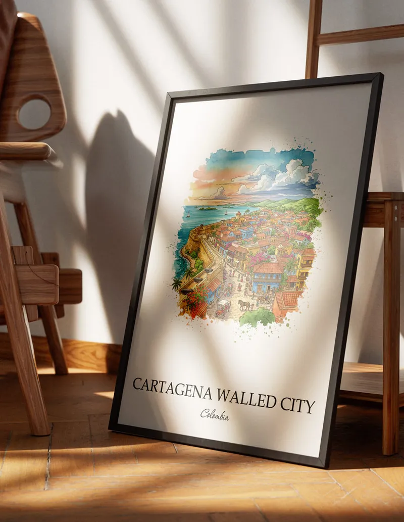 A lovely interior preview showcasing a vintage-vibe travel poster design of the scenic Cartagena Walled City in Colombia.