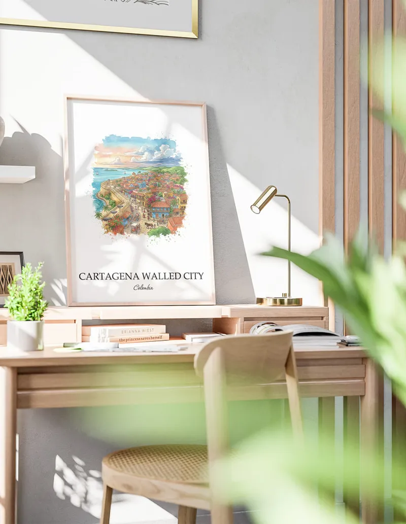 A clean and modern mockup showing a framed Cartagena Walled City, Colombia print on a minimalist background.