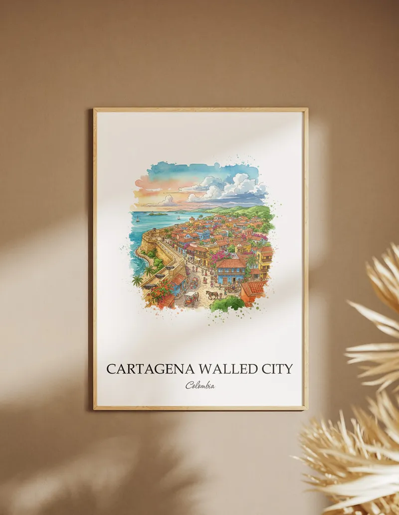A close-up of a high-quality paper print featuring the Cartagena Walled City in Colombia minimalist design.