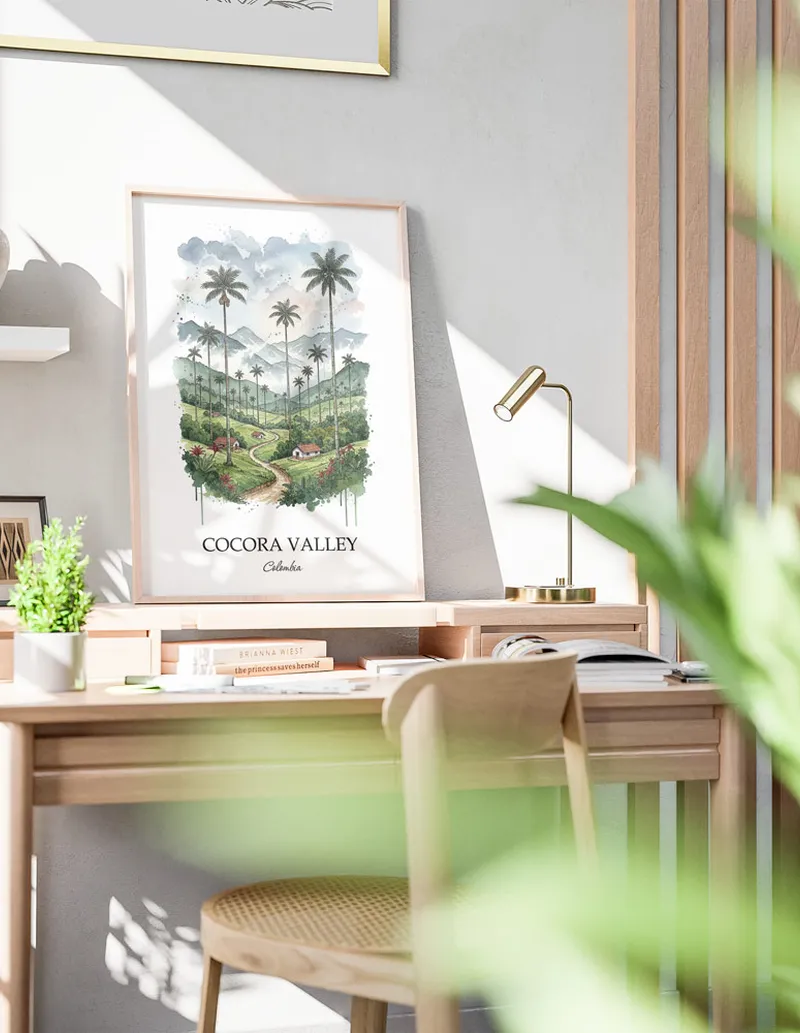 A clean and modern mockup showing a framed Cocora Valley, Colombia print on a minimalist background.