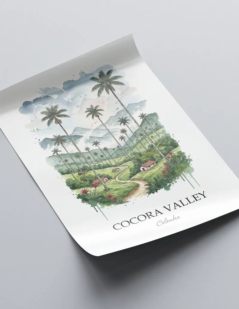Framed wall art featuring Cocora Valley in Colombia in a light wood frame leaning on the floor.