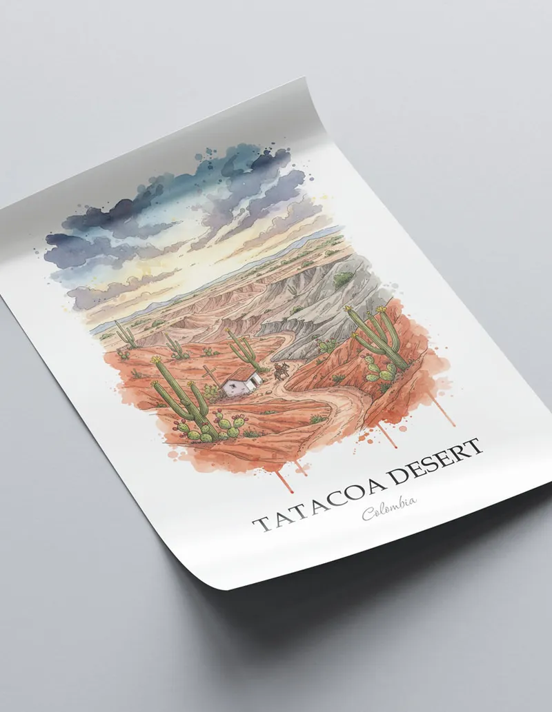Framed wall art featuring Tatacoa Desert in Colombia in a light wood frame leaning on the floor.