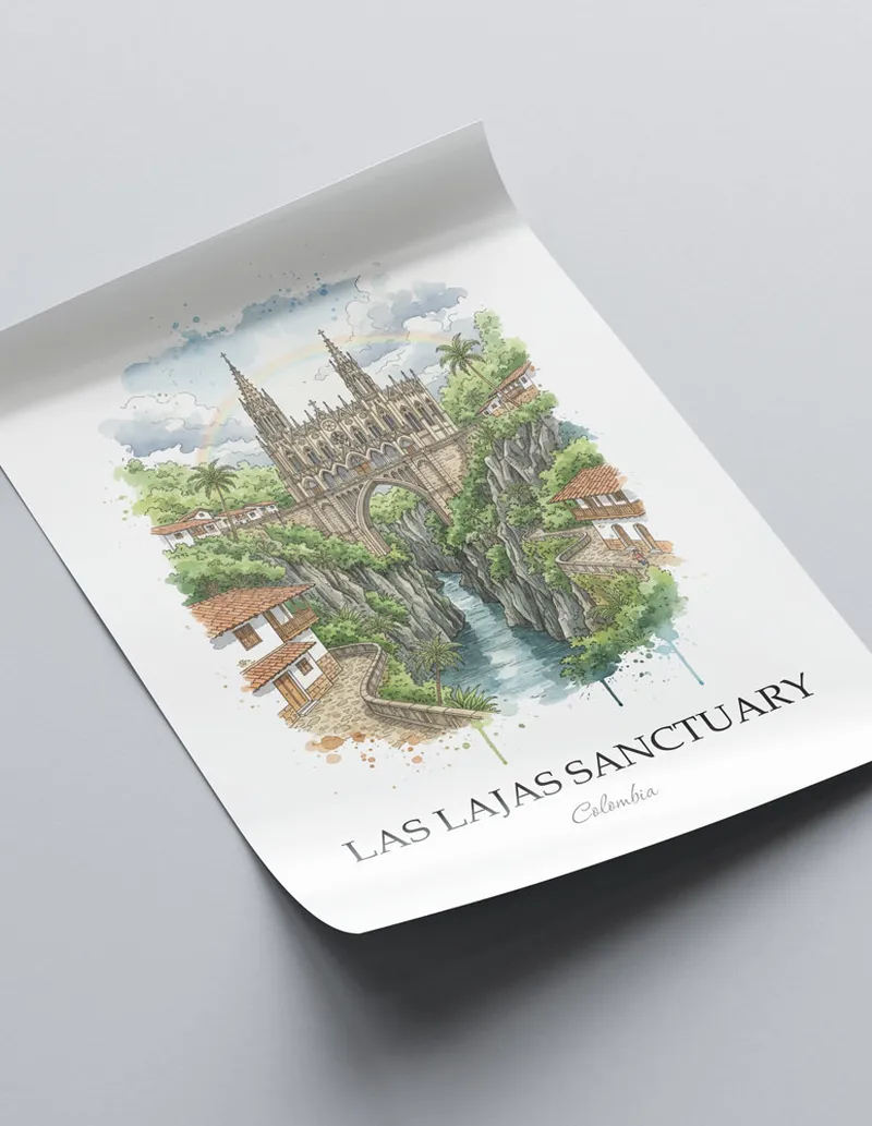 Framed wall art featuring Las Lajas Sanctuary in Colombia in a light wood frame leaning on the floor.