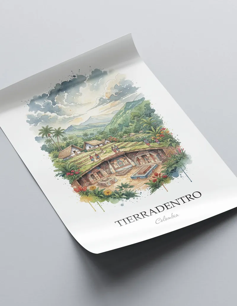 Framed wall art featuring Tierradentro in Colombia in a light wood frame leaning on the floor.
