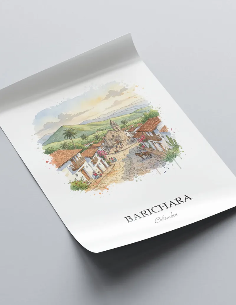 Framed wall art featuring Barichara in Colombia in a light wood frame leaning on the floor.