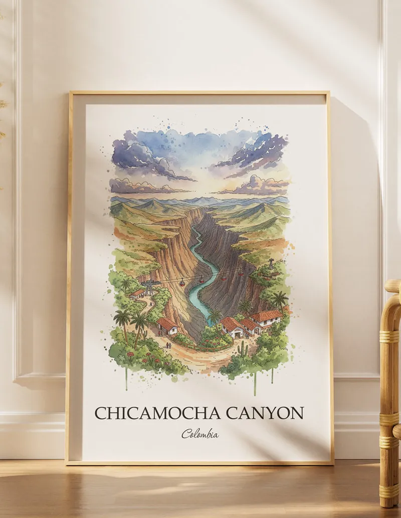 Minimalist poster of Chicamocha Canyon in Colombia in a light frame standing on the floor in a dark moody interior.