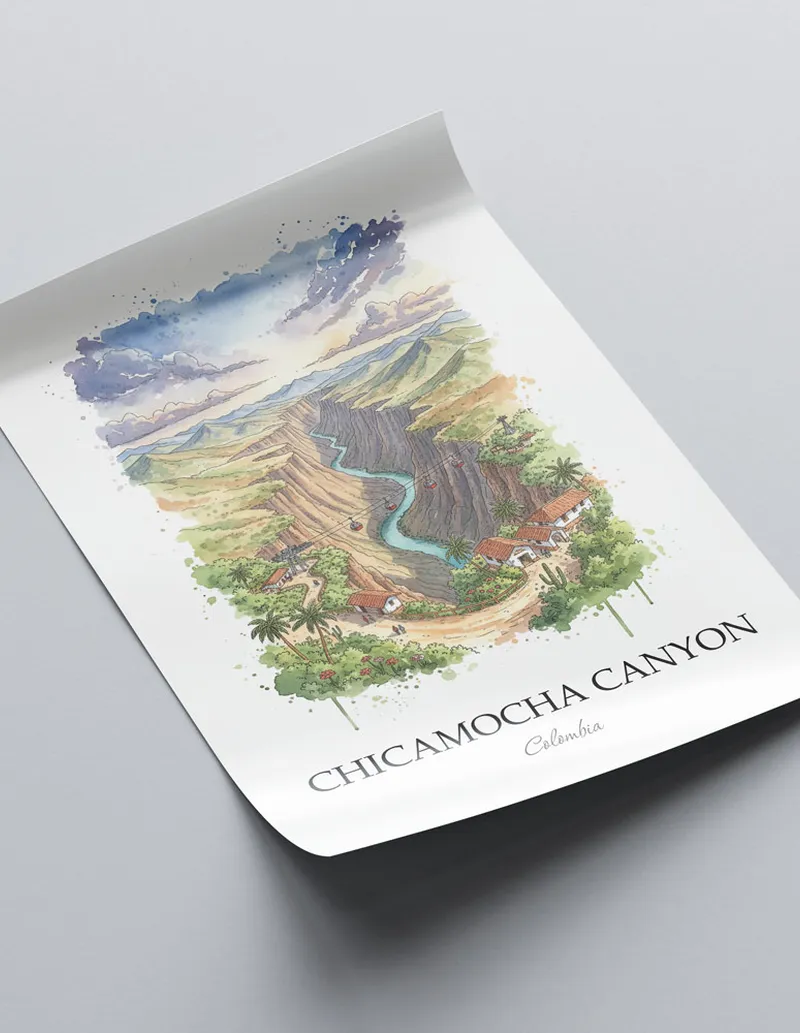 Framed wall art featuring Chicamocha Canyon in Colombia in a light wood frame leaning on the floor.