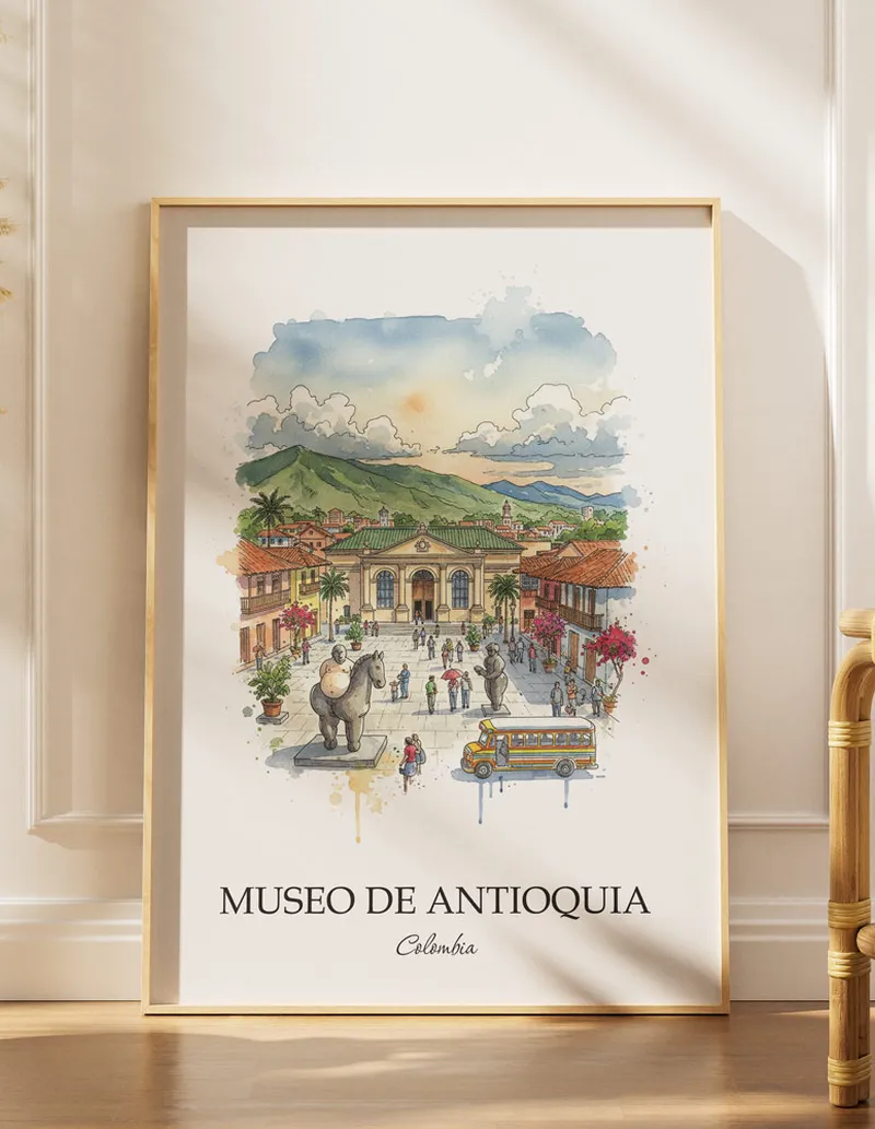 Minimalist poster of Museo de Antioquia in Colombia in a light frame standing on the floor in a dark moody interior.
