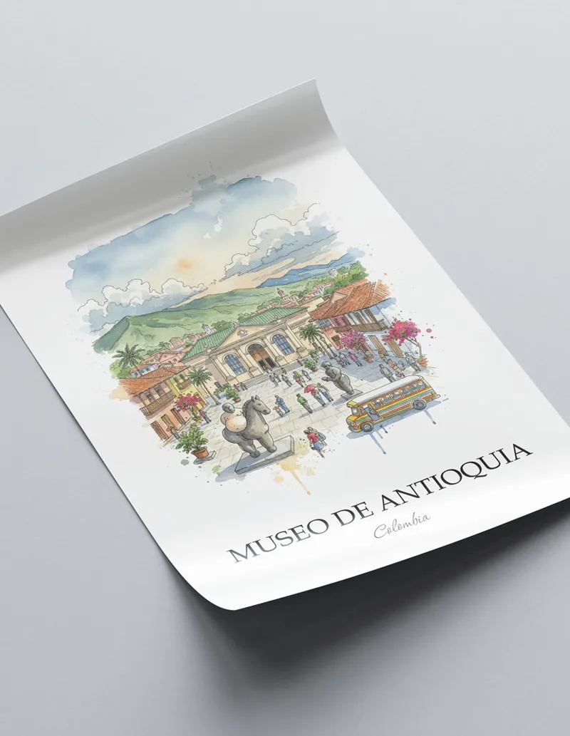 Framed wall art featuring Museo de Antioquia in Colombia in a light wood frame leaning on the floor.