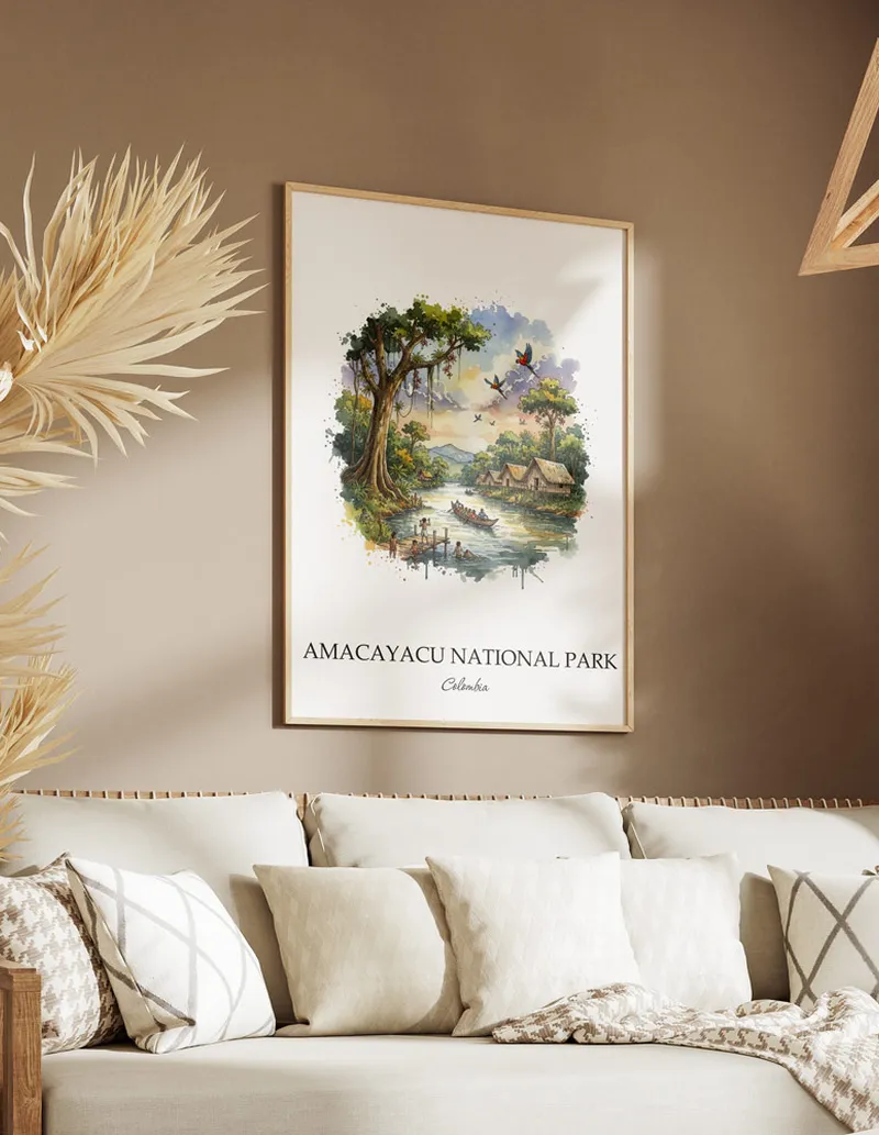A gorgeous boho-inspired living space with a framed vintage travel poster of Amacayacu National Park in Colombia on display.