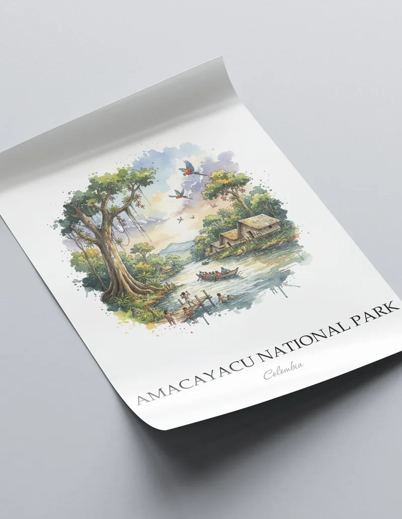 Framed wall art featuring Amacayacu National Park in Colombia in a light wood frame leaning on the floor.