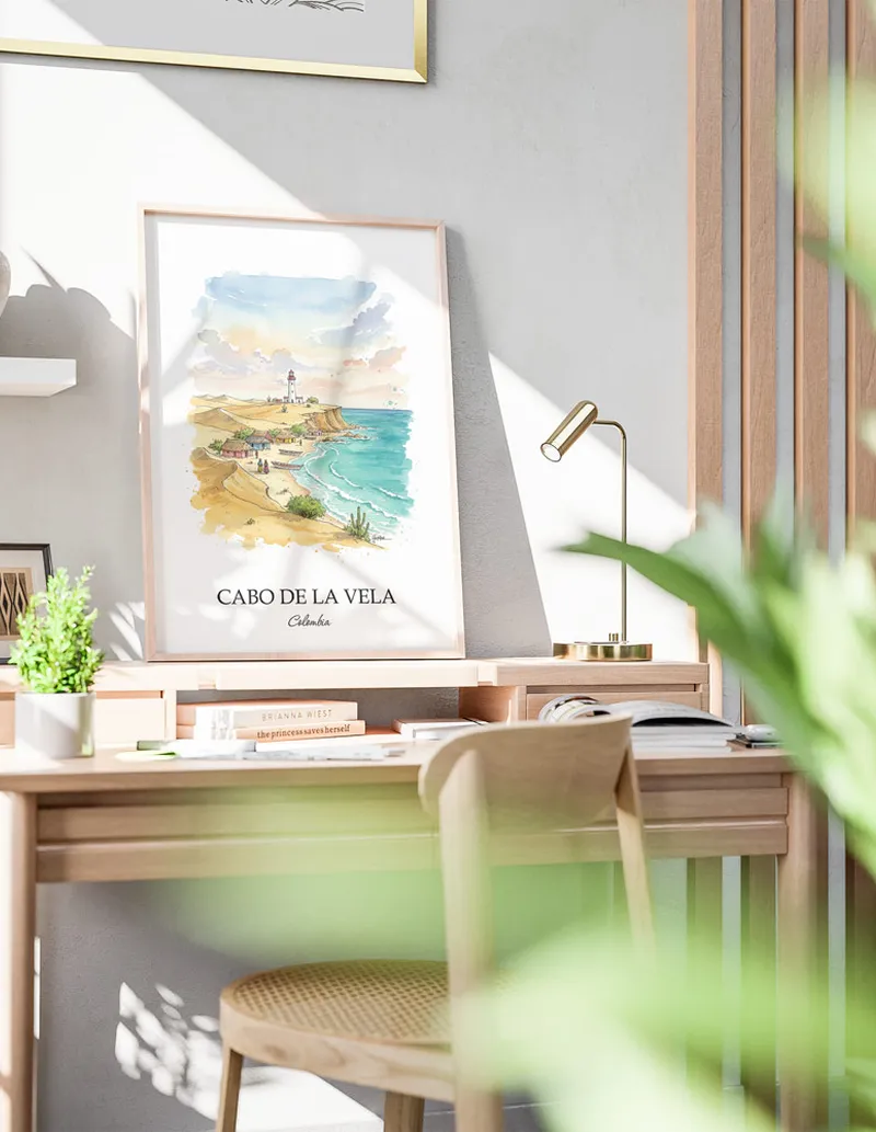A clean and modern mockup showing a framed Cabo de la Vela, Colombia print on a minimalist background.