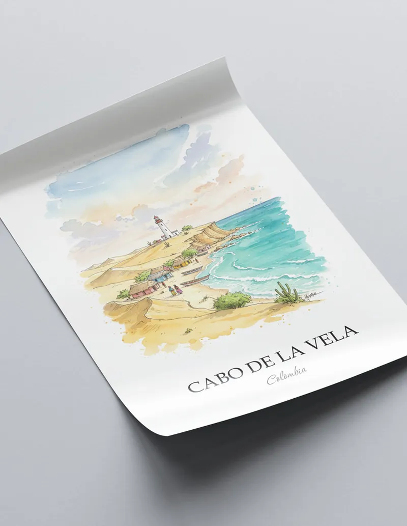 Framed wall art featuring Cabo de la Vela in Colombia in a light wood frame leaning on the floor.