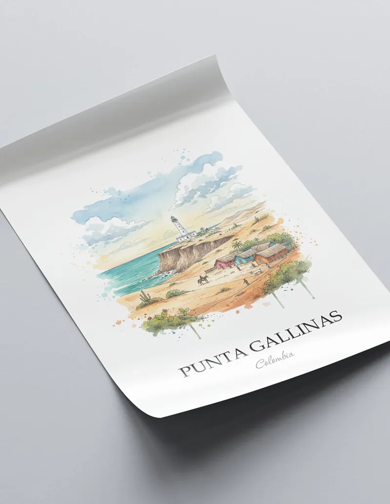 Framed wall art featuring Punta Gallinas in Colombia in a light wood frame leaning on the floor.