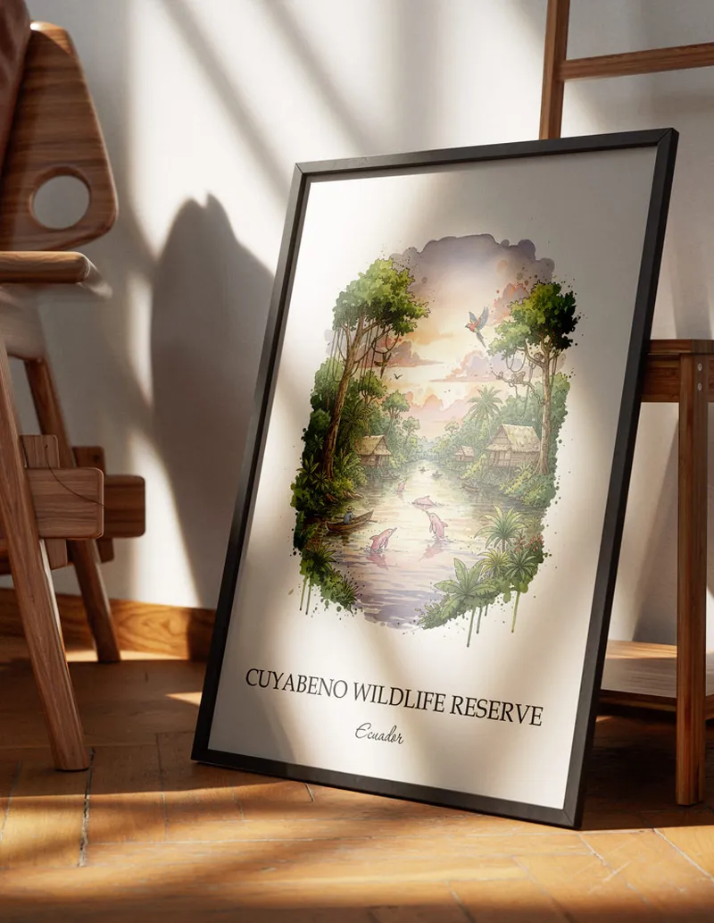 A lovely interior preview showcasing a vintage-vibe travel poster design of the scenic Cuyabeno Wildlife Reserve in Ecuador.