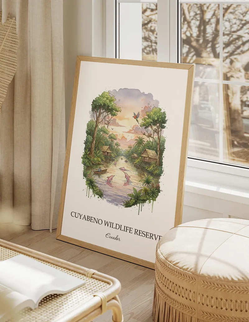 Framed wall art featuring Cuyabeno Wildlife Reserve, Ecuador in a light wood frame hanging above a sofa in a modern living room.