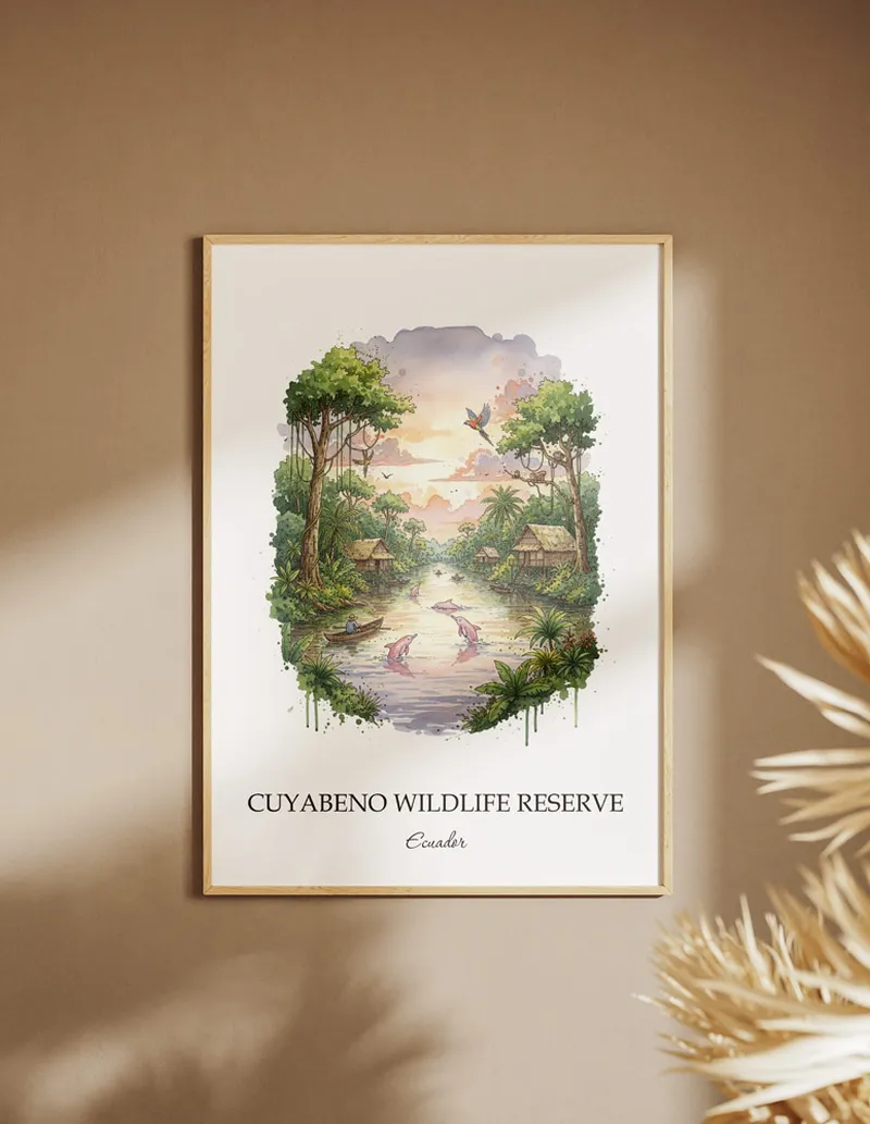 A close-up of a high-quality paper print featuring the Cuyabeno Wildlife Reserve in Ecuador minimalist design.
