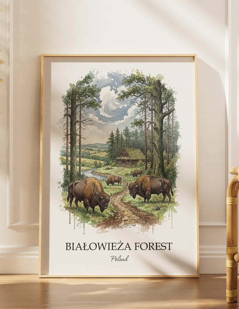 A close-up of a high-quality paper print featuring the Bia_owie_a Forest in Poland minimalist design.