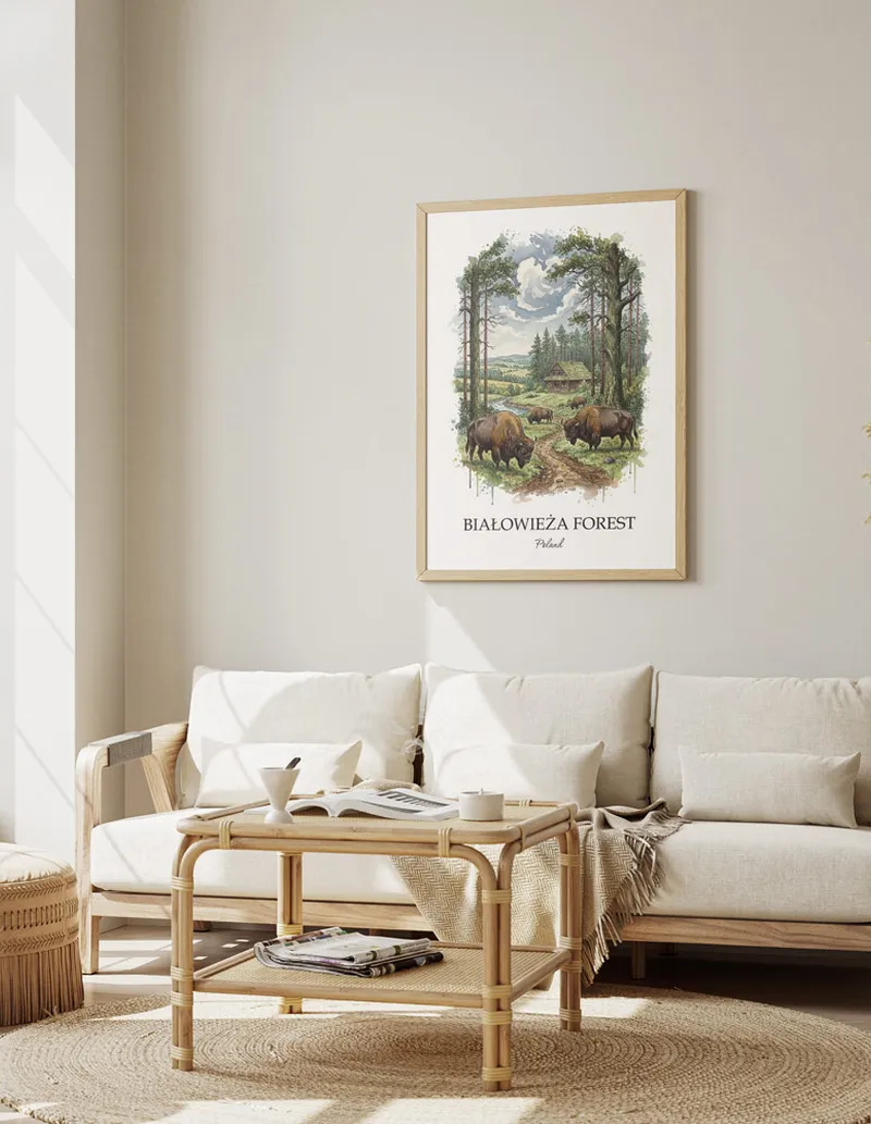Minimalist poster of Bia_owie_a Forest in Poland in a light frame standing by a window in a boho style room.