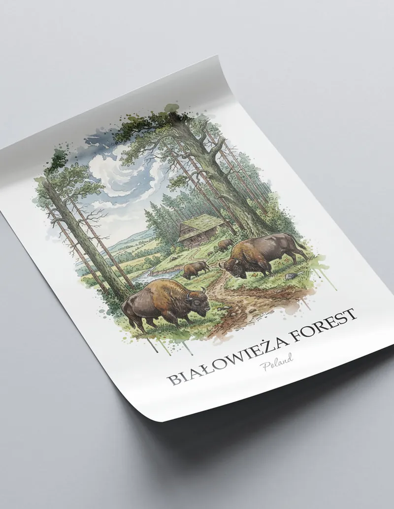 A clean and modern mockup showing a framed Bia_owie_a Forest, Poland print on a minimalist background.