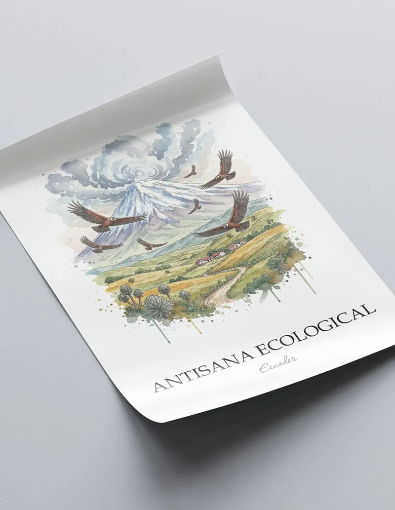 Framed wall art featuring Antisana Ecological in Ecuador in a light wood frame leaning on the floor.
