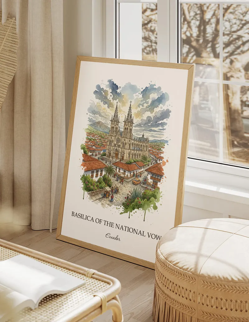 Framed wall art featuring Basilica of the National Vow, Ecuador in a light wood frame hanging above a sofa in a modern living room.