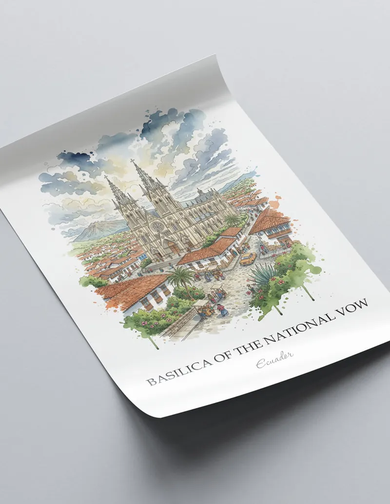 Framed wall art featuring Basilica of the National Vow in Ecuador in a light wood frame leaning on the floor.