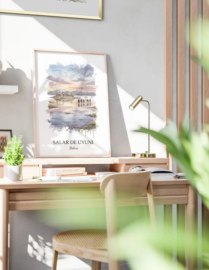 A clean and modern mockup showing a framed Salar de Uyuni, Bolivia print on a minimalist background.