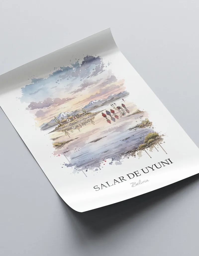 Framed wall art featuring Salar de Uyuni in Bolivia in a light wood frame leaning on the floor.