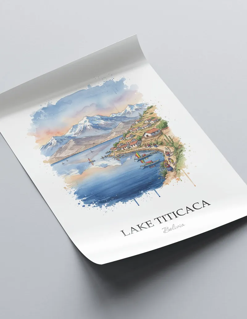 Framed wall art featuring Lake Titicaca in Bolivia in a light wood frame leaning on the floor.