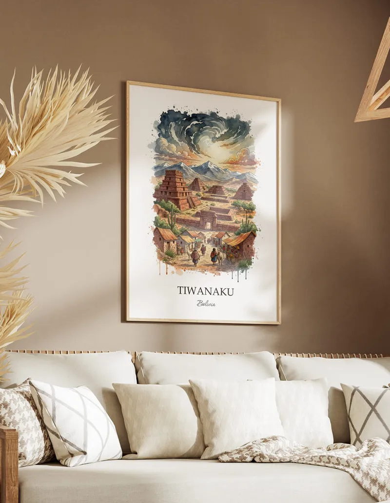 A gorgeous boho-inspired living space with a framed vintage travel poster of Tiwanaku in Bolivia on display.