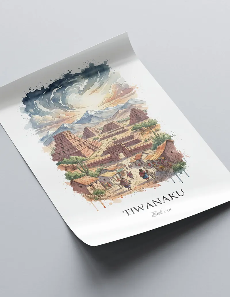 Framed wall art featuring Tiwanaku in Bolivia in a light wood frame leaning on the floor.