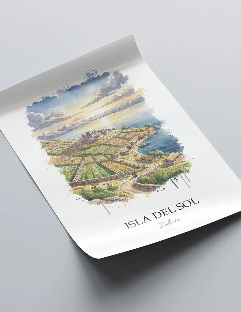 Framed wall art featuring Isla del Sol in Bolivia in a light wood frame leaning on the floor.