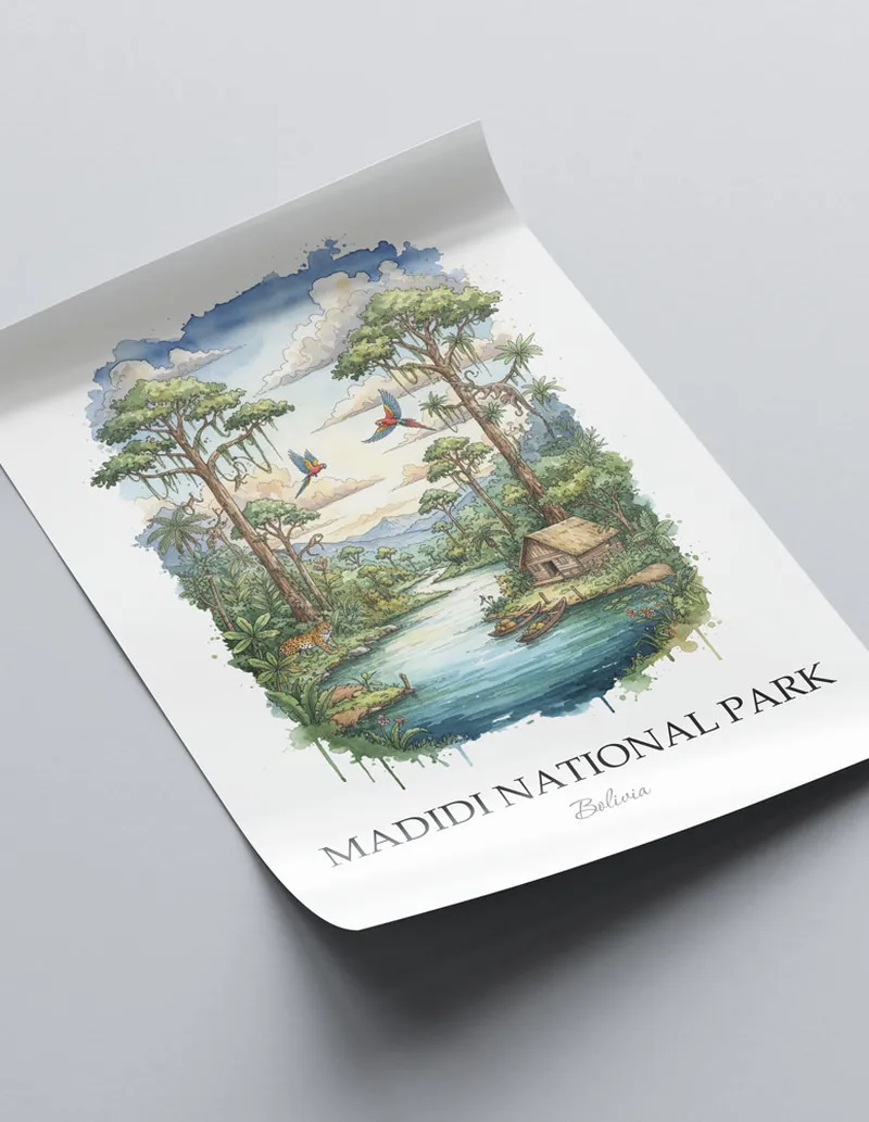 Framed wall art featuring Madidi National Park in Bolivia in a light wood frame leaning on the floor.