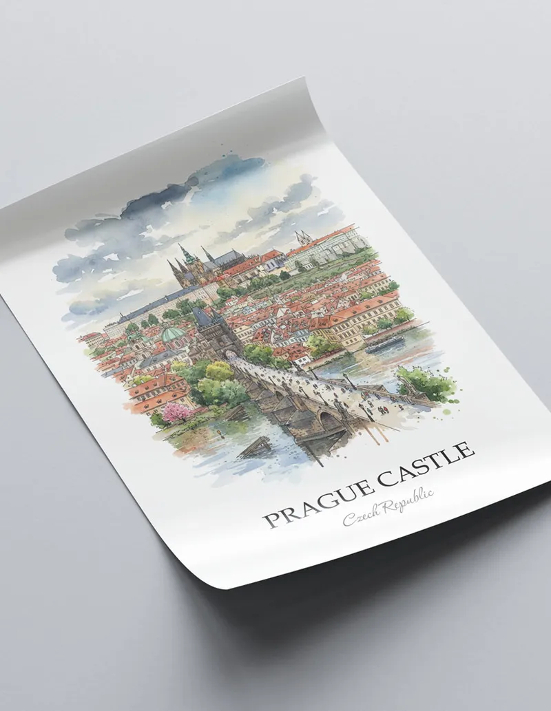 A clean and modern mockup showing a framed Prague Castle, Czech Republic print on a minimalist background.