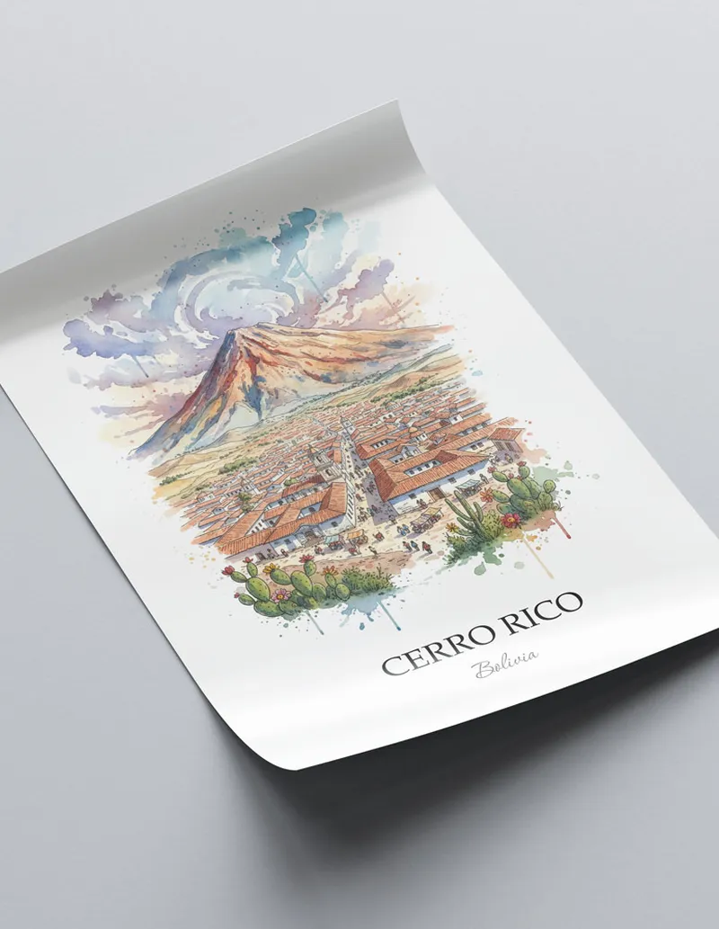 Framed wall art featuring Cerro Rico in Bolivia in a light wood frame leaning on the floor.