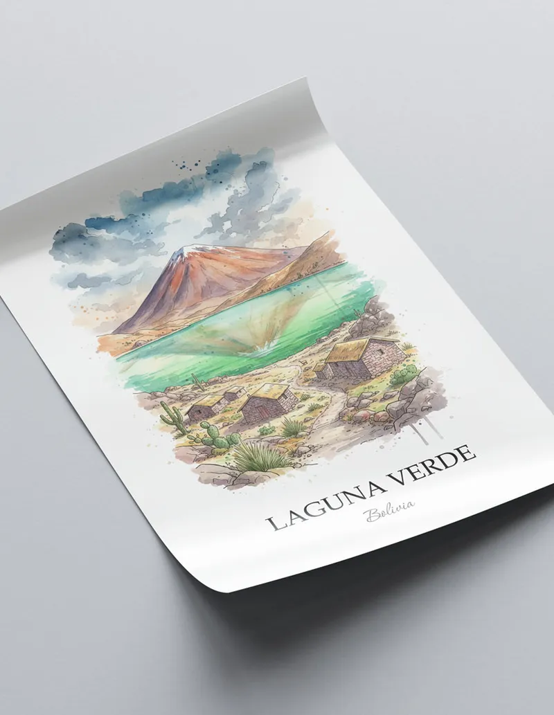 Framed wall art featuring Laguna Verde in Bolivia in a light wood frame leaning on the floor.