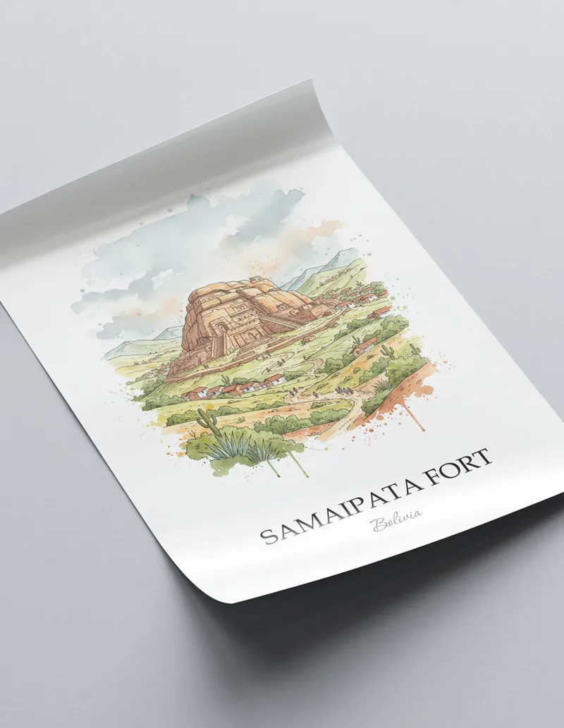 Framed wall art featuring Samaipata Fort in Bolivia in a light wood frame leaning on the floor.