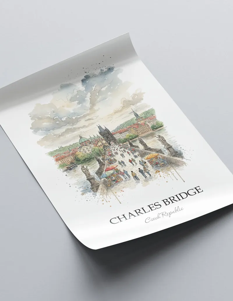 A clean and modern mockup showing a framed Charles Bridge, Czech Republic print on a minimalist background.