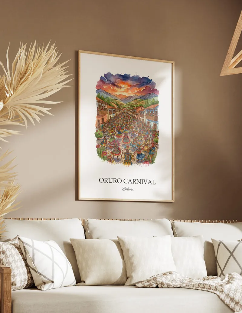 A gorgeous boho-inspired living space with a framed vintage travel poster of Oruro Carnival in Bolivia on display.