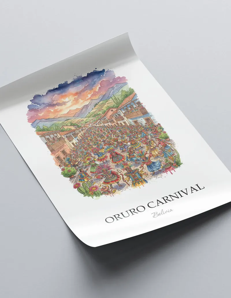 Framed wall art featuring Oruro Carnival in Bolivia in a light wood frame leaning on the floor.