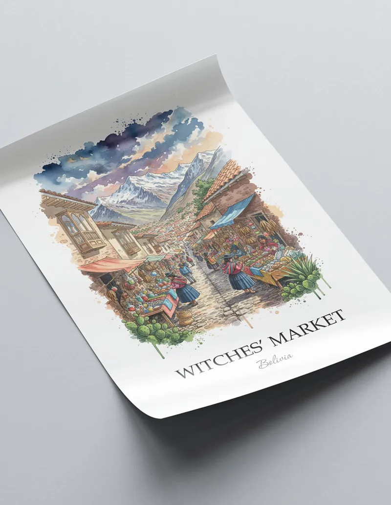 Framed wall art featuring Witches' Market in Bolivia in a light wood frame leaning on the floor.