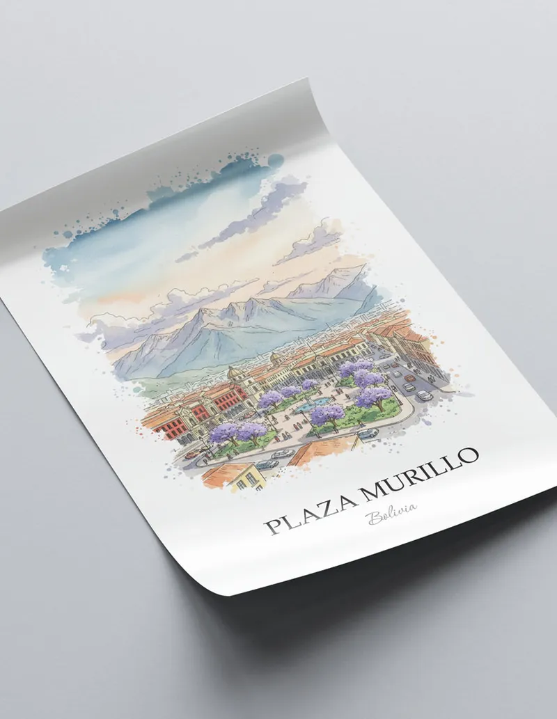 Framed wall art featuring Plaza Murillo in Bolivia in a light wood frame leaning on the floor.