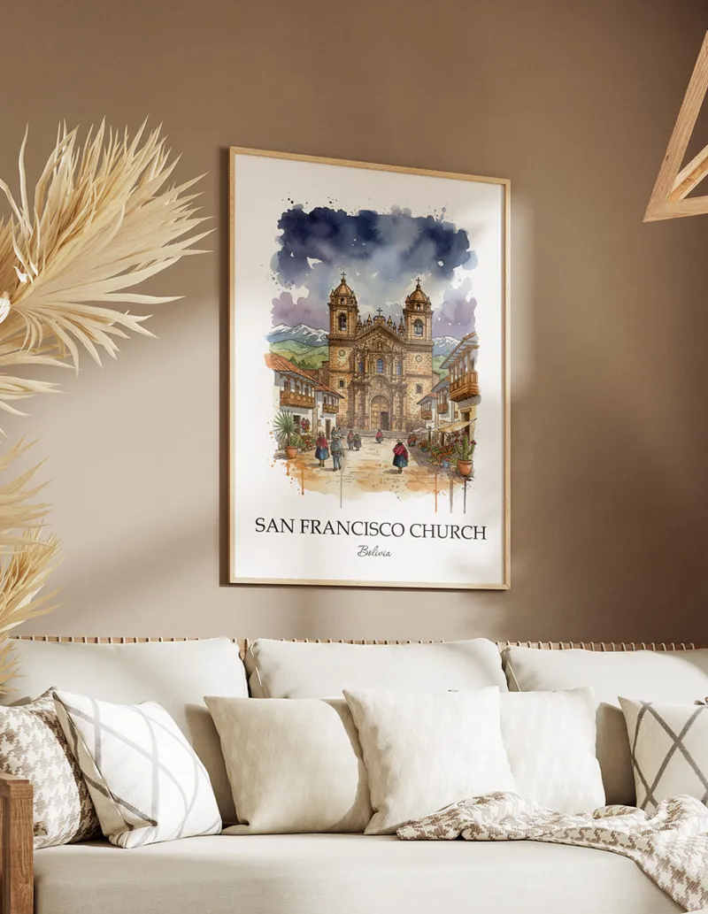 A gorgeous boho-inspired living space with a framed vintage travel poster of San Francisco Church in Bolivia on display.