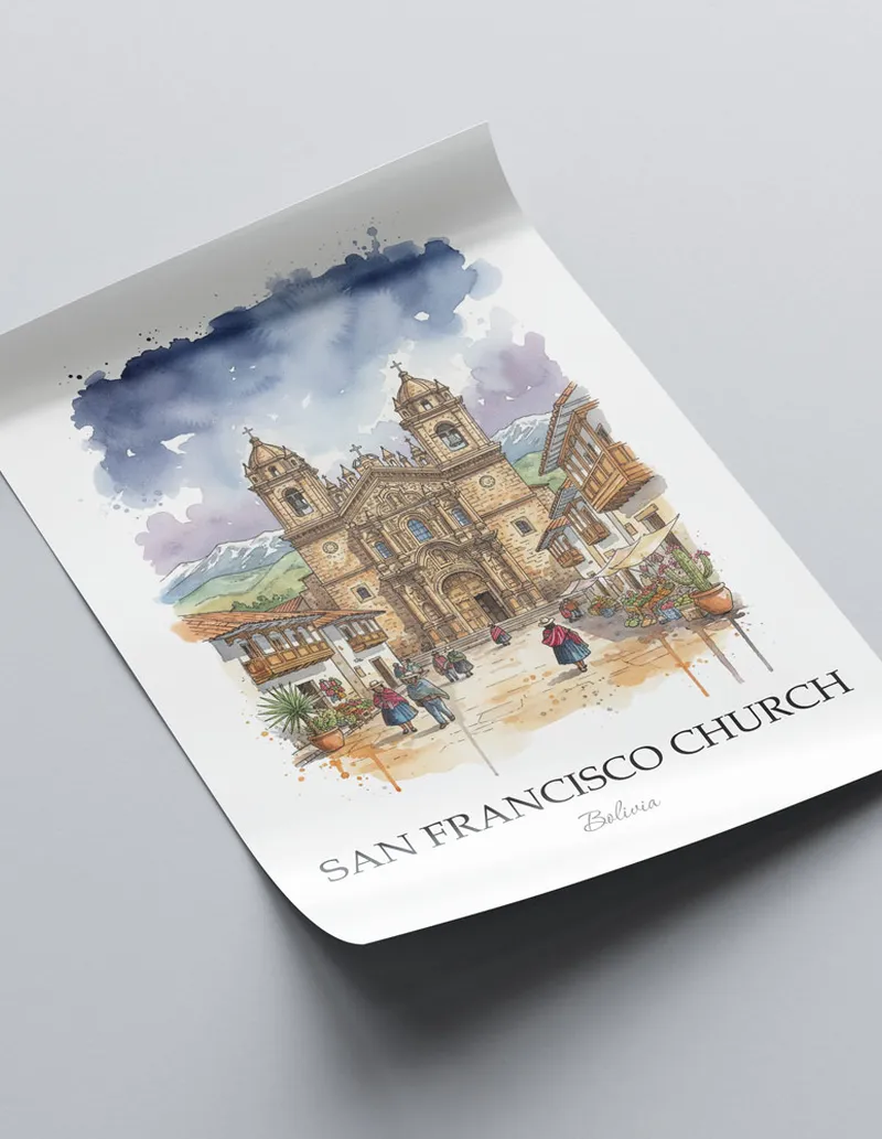 Framed wall art featuring San Francisco Church in Bolivia in a light wood frame leaning on the floor.