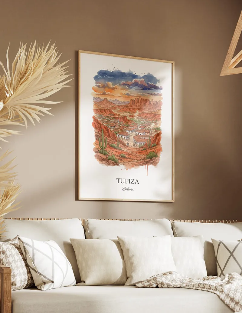 A gorgeous boho-inspired living space with a framed vintage travel poster of Tupiza in Bolivia on display.