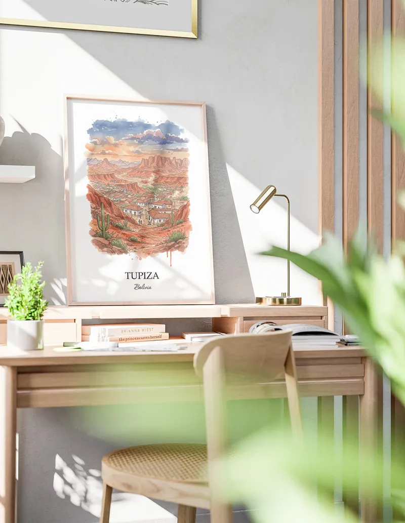 A clean and modern mockup showing a framed Tupiza, Bolivia print on a minimalist background.