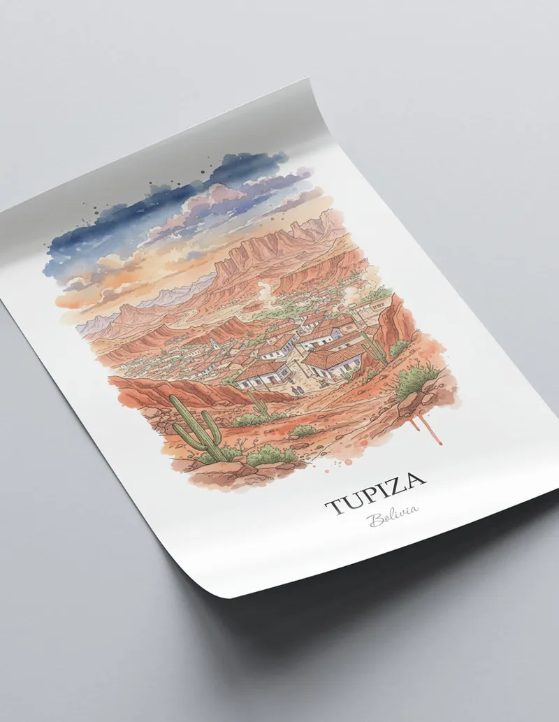 Framed wall art featuring Tupiza in Bolivia in a light wood frame leaning on the floor.