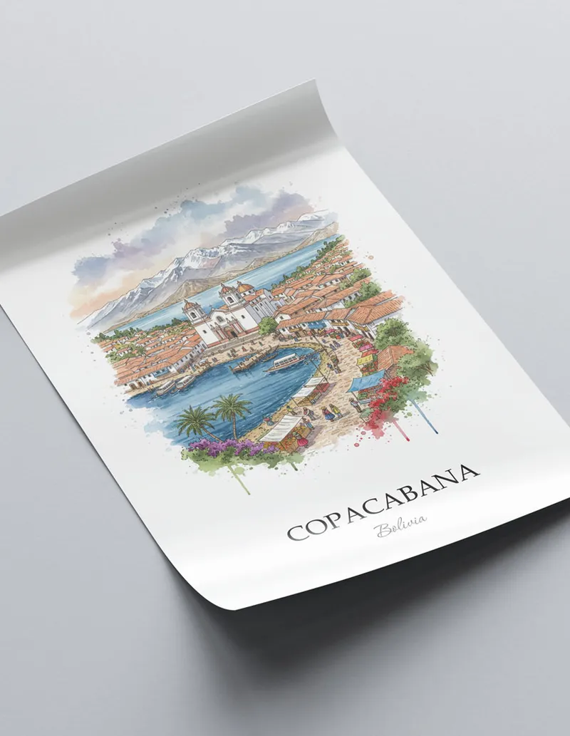 Framed wall art featuring Copacabana in Bolivia in a light wood frame leaning on the floor.
