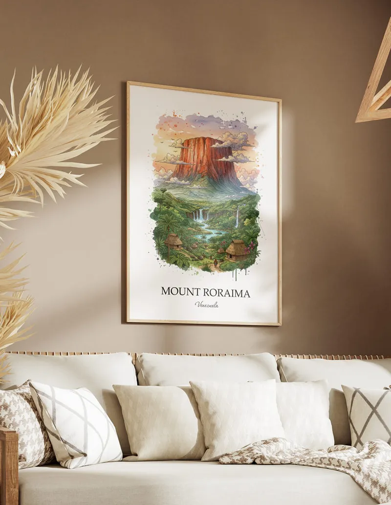A gorgeous boho-inspired living space with a framed vintage travel poster of Mount Roraima in Venezuela on display.